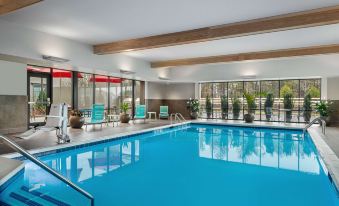 an indoor swimming pool with a large window , surrounded by lounge chairs and potted plants at Home2 Suites by Hilton Long Island Brookhaven