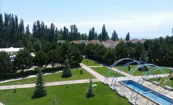 a view of a park with trees , buildings , and a swimming pool from an overhead perspective at Copernicus