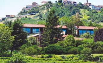 a hillside with a house on top of it , surrounded by greenery and a vineyard at Arborina Relais