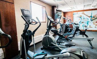 a gym with various exercise equipment , including treadmills and stationary bikes , in a room with wooden walls at The Explorer Hotel