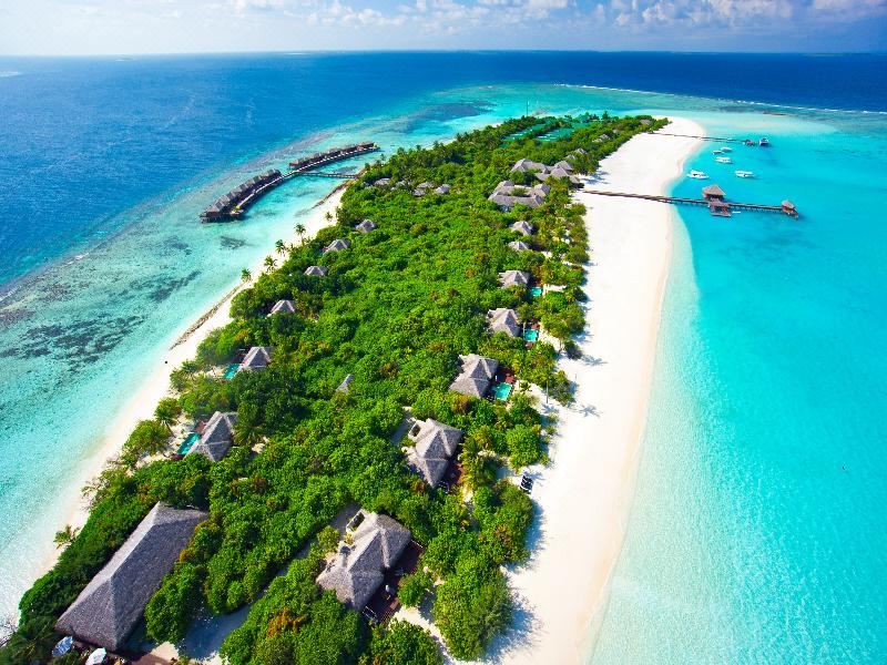 aerial view of a tropical island with several thatched - roof huts and clear blue water , surrounded by lush vegetation at Noku Maldives