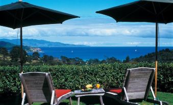 two lounge chairs and a table are set up in a grassy area with umbrellas and a view of the ocean at Earthsong Lodge
