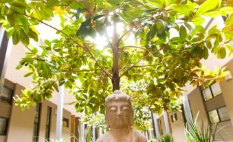 a statue of a buddha is sitting under a tree in front of a building at Barwon Heads Resort