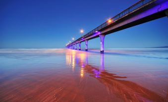 a long pier with purple and blue lights is reflected in the water at dusk at Colonial Inn Motel