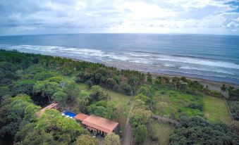aerial view of a beach with houses and trees , overlooking the ocean in a tropical setting at Hotel Playa Bejuco