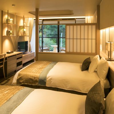 テラスと川の景色付きツインルーム（36平米） みなかみホテルジュラク クーポン