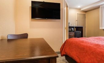 The bedroom features a double bed, desk, and a large flat-screen TV mounted on the wall at Rodeway Inn Chicago