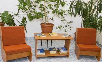 a living room with two orange chairs and a wooden coffee table surrounded by potted plants at Hotel Terra