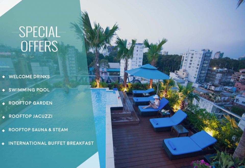 a rooftop pool area with blue umbrellas and lounge chairs , creating a relaxing atmosphere for guests at Alagon Saigon Hotel & Spa