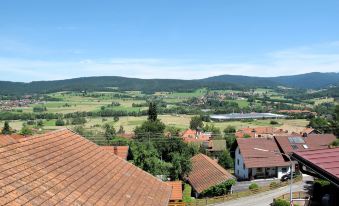 a beautiful view of a small town with red - tiled roofed houses and green fields in the background at Drexler