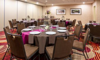 a well - decorated banquet hall with multiple round tables set for a formal event , featuring white tablecloths , wine glasses , and flowers at Hilton Garden Inn Omaha West