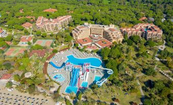 aerial view of a resort with a large pool surrounded by buildings and trees , including a hotel in the background at Aquaworld Belek