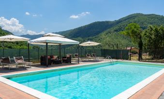 a large swimming pool with lounge chairs and umbrellas surrounding it , set against a backdrop of mountains at Villa