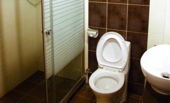 a bathroom with brown tile walls , a glass shower enclosure , and a white toilet in the middle of the room at Royal Hotel