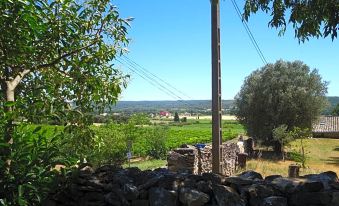a rural landscape with a stone wall , a telephone pole , and a vineyard in the background at L'Atelier