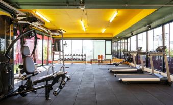 A spacious room with multiple exercise equipment, including an indoor treadmill positioned in the center at MeStyle Museum Hotel