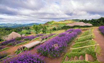 a picturesque landscape with a purple flower field and wooden benches in the foreground , surrounded by mountains and green hills at Proud Phu Fah Hip & Green Resort