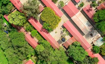 aerial view of a city with red roofed houses surrounded by green trees , creating a picturesque scene at Amboseli Serena Safari Lodge