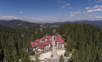 a bird 's eye view of a residential area nestled in the mountains with red - roofed buildings at Green Life Family Apartments Pamporovo