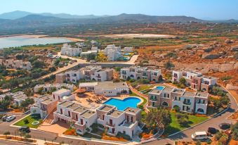 a large , multi - story apartment complex with multiple buildings and a swimming pool situated in the middle of a field at Naxos Palace Hotel
