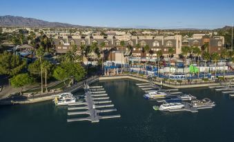 an aerial view of a marina with numerous boats docked , surrounded by buildings and palm trees at London Bridge Resort