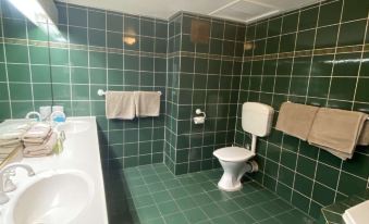 a bathroom with green tiles and a toilet , sink , and towels , along with towels hanging on the wall at Stay at Alice Springs Hotel