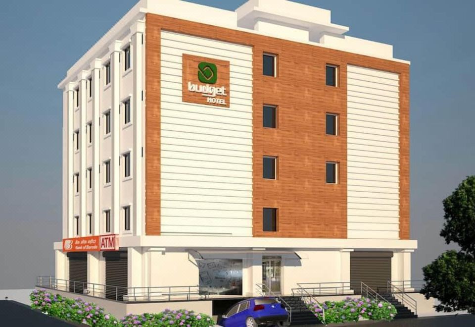 "a 3 d rendering of a hotel building with the name "" burqa "" displayed on the front" at Budget Hotel