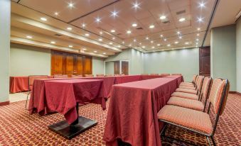 a conference room with rows of chairs arranged in a semicircle , and a table with red tablecloths in the center at Quality Inn Monterrey la Fe
