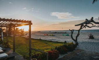 a beautiful beach scene with a wooden deck overlooking the ocean , where people are enjoying the sunset at Ventana Hotel