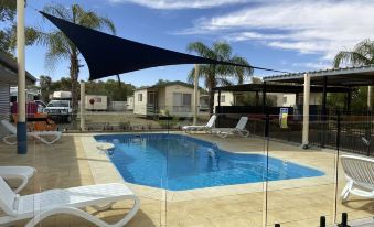 a large swimming pool is surrounded by white lounge chairs and a blue tarp - covered canopy at Broken Hill Tourist Park
