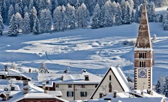 a snow - covered village with a church and a lake , surrounded by lush green trees and a blue sky at Hotel Alpino