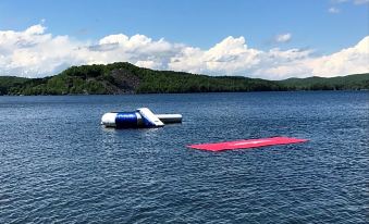 a body of water with a large pink object floating on the surface , surrounded by trees at Lake Bomoseen Lodge
