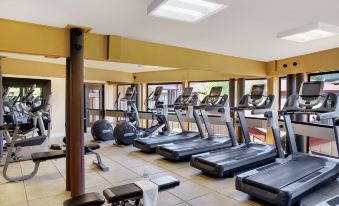 a well - equipped gym with various exercise equipment , including treadmills and weightlifting machines , under a covered area with large windows at DoubleTree by Hilton Seattle Airport