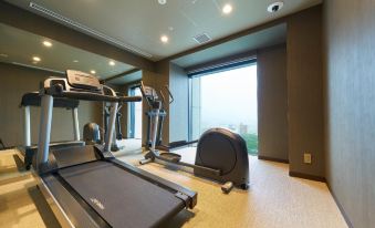 a well - equipped home gym with various exercise equipment , including a treadmill , weights , and a tv at Numazu River Side Hotel