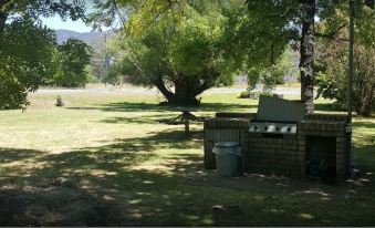 a park with a large tree in the middle of the grass , surrounded by a picnic table and benches at Mount Beauty Motor Inn