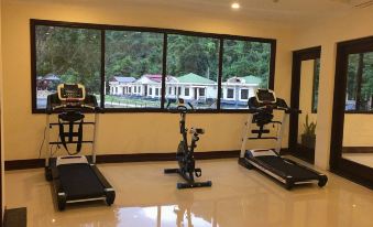 a well - equipped gym with various exercise equipment , including treadmills and stationary bikes , in front of large windows that offer views of the surrounding at Saigon-Ba Be Resort