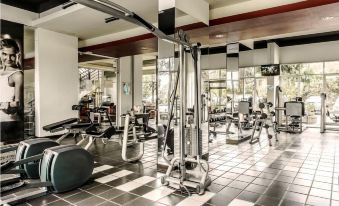 a well - equipped gym with various exercise equipment , such as treadmills , weight machines , and benches , in a spacious room with black and at High Livin Apartment Baros