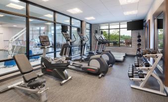 a well - equipped gym with various exercise equipment , including treadmills and stationary bikes , near large windows at Courtyard Pittsburgh Washington/Meadow Lands