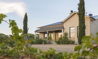 a house with a large window and a driveway is surrounded by trees and bushes at Barossa Shiraz Estate