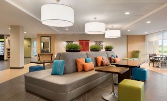 a modern lounge area with a gray couch , colorful pillows , and potted plants under hanging lights at Home2 Suites by Hilton Milwaukee Brookfield