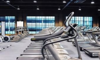 a large , well - equipped gym with various exercise machines and equipment , including treadmills and weight machines at Village Hotel Farnborough