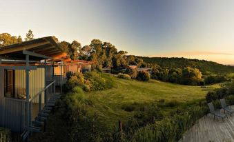 a serene landscape with a grassy field , trees , and a house at sunset , bathed in sunlight at O'Reilly's Rainforest Retreat