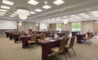 a large conference room with multiple tables and chairs arranged for a meeting or event at Hilton Garden Inn Stony Brook