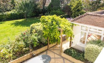 a beautiful backyard with a paved walkway , trees , and a building , giving a sense of tranquility and comfort at The Coast House B&B