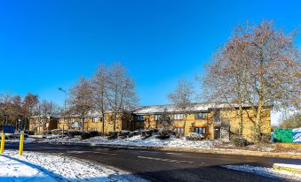 a row of houses with snow on the ground and trees in front of them at Days Inn by Wyndham London Stansted Airport