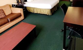 a large hotel room with a bed , couch , coffee table , and other amenities on the green carpeted floor at Executive Inn