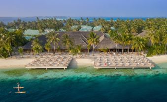 aerial view of a tropical beach resort with multiple umbrellas , chairs , and palm trees under a clear blue sky at Vilamendhoo Island Resort & Spa