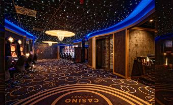 a dimly lit room with a carpeted floor and a disco ball hanging from the ceiling at Hotel Victory