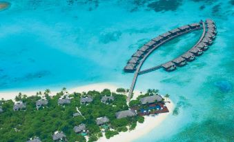 aerial view of a resort on a tropical island , surrounded by clear blue water and white sandy beaches at Noku Maldives