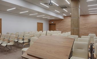 a large , empty conference room with rows of chairs and a podium in the center at Hotel Europe